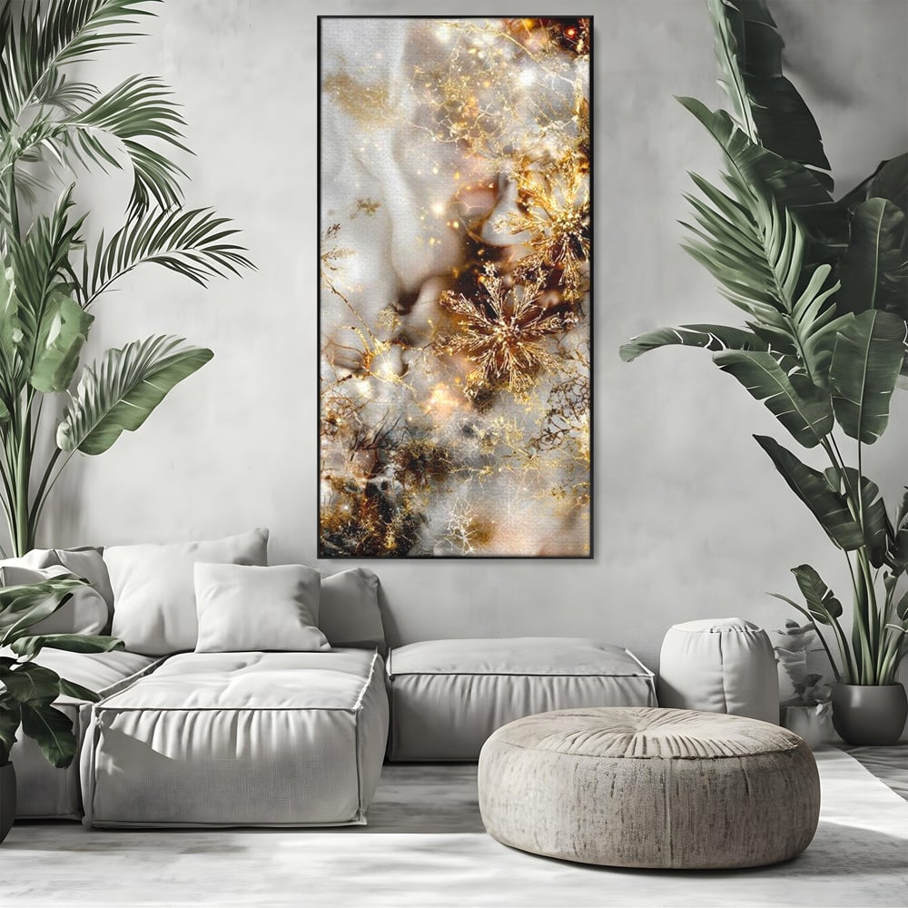 Tablou canvas cu tablou canvas cu fulgi de zapada aurii, in rama de aluminiu negru, pe perete intr-un living